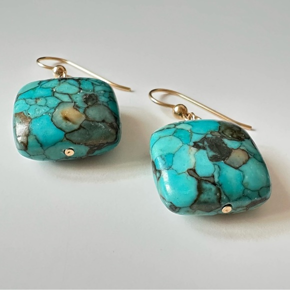 Square Mosaic Turquoise Drop Earrings Gold Filled French Hooks - Picture 4 of 5